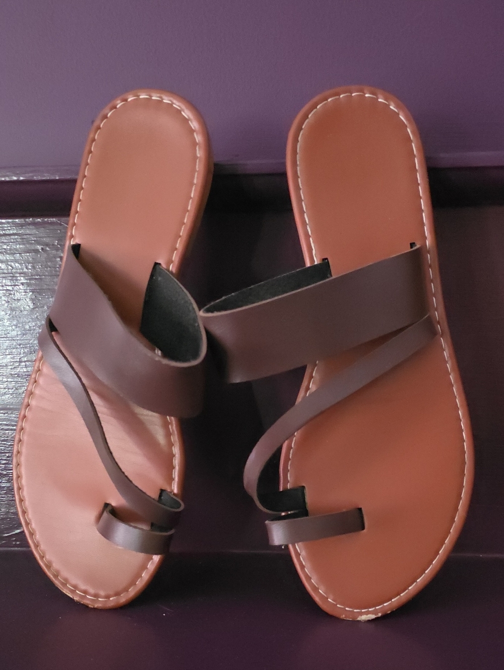 Women's Brown Strappy Toe-Loop Sandals